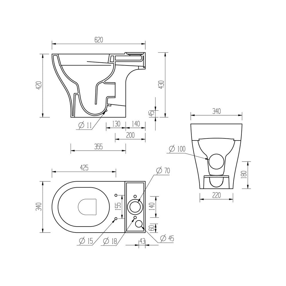 Lily Close Coupled Space Saving Rimless Open Back Toilet With Soft Close Seat Pureflo
