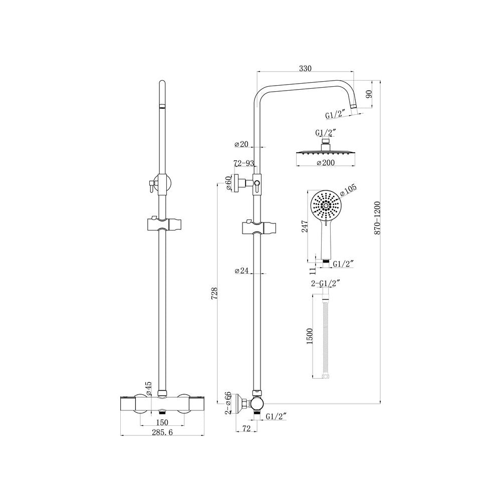 Astro 2 Outlet Exposed Thermostic Shower Set With Rigid Riser Fixed Head And Handshower Pureflo