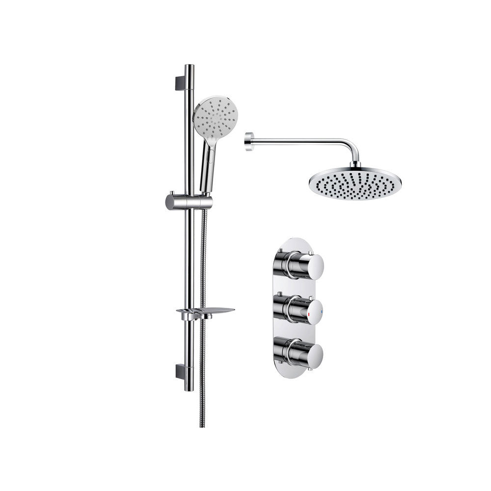 Astro 2 Outlet Round Thermostatic Shower Pack With Overhead Shower And Slide Rail Shower Kit Chrome Pureflo