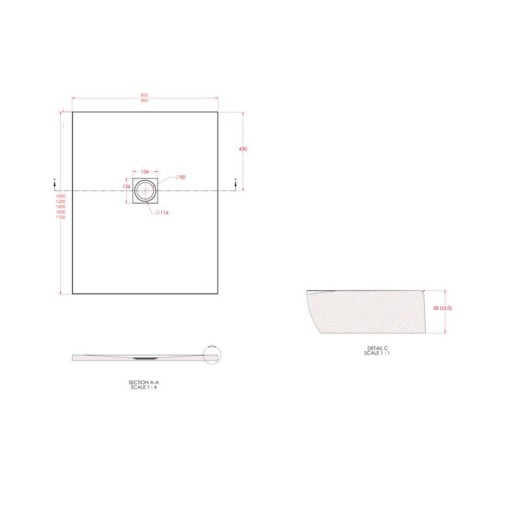 Pureflo Ultra Slim Rectangular Slate Grey Effect Stone Resin Shower Tray Including Waste Pureflo