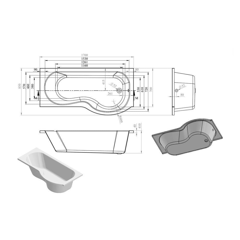 Pureflo 1700x850mm Shower Bath 0th Supercast With Screen And Bath Panels P Shape Pureflo