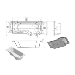 Pureflo 1700x850mm Shower Bath 0th Supercast With Screen And Bath Panels P Shape Pureflo