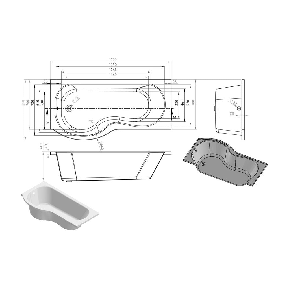 Pureflo 1700x850mm Shower Bath 0th Supercast With Screen And Bath Panels P Shape Pureflo