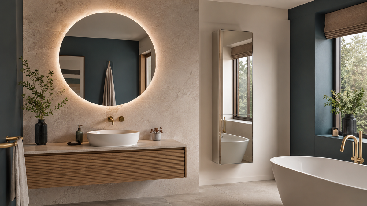 Contemporary bathroom with an illuminated round mirror and mirrored storage cabinet