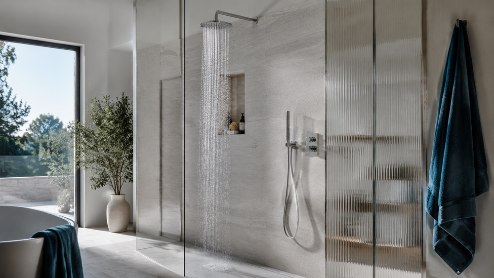 Modern rainfall shower running in a cool blue-toned bathroom