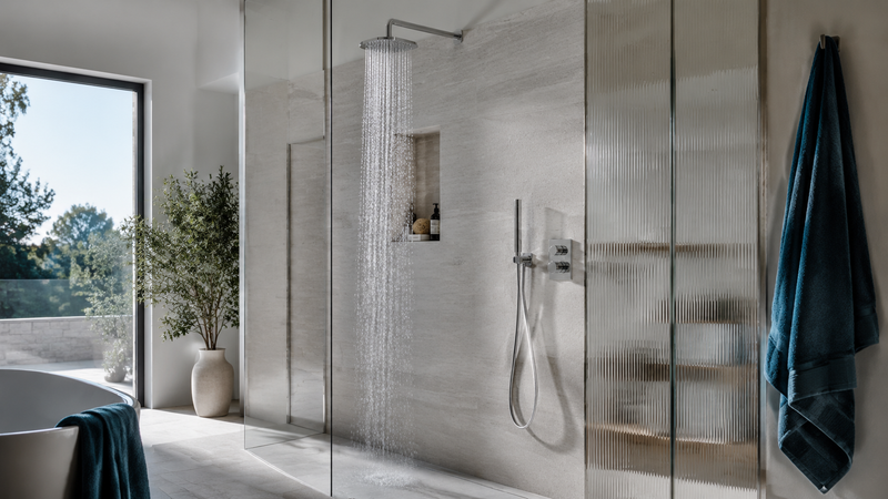Modern rainfall shower running in a cool blue-toned bathroom