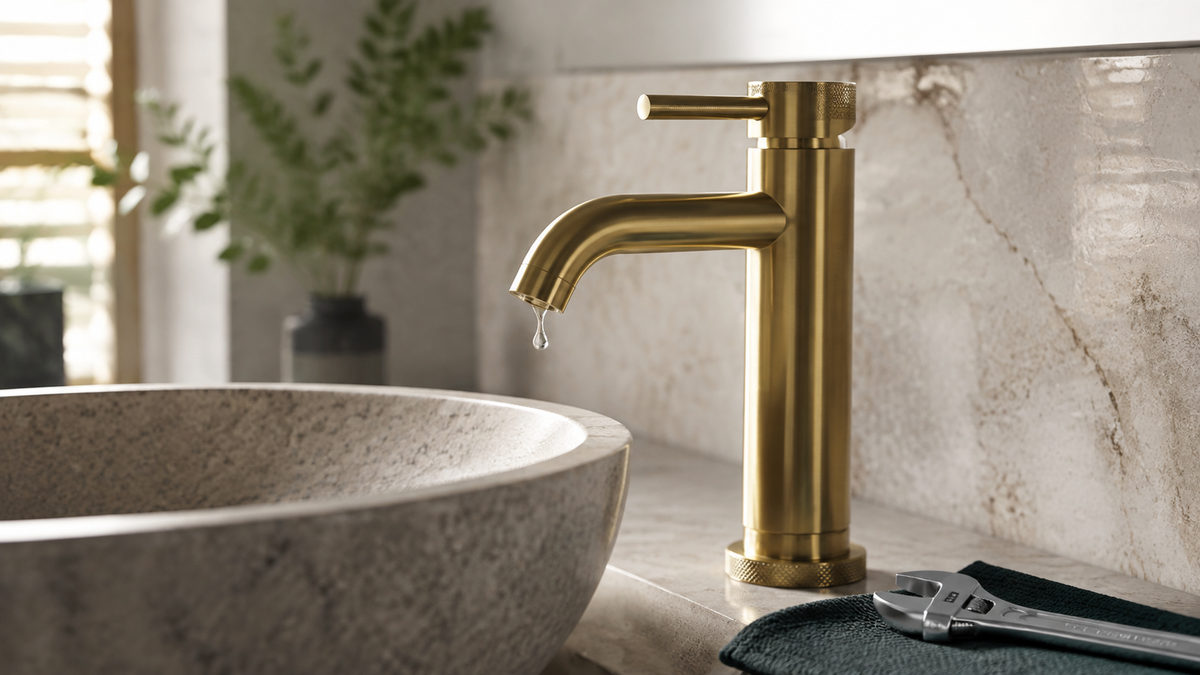 Close-up of a dripping brushed brass basin tap with a spanner ready for repair