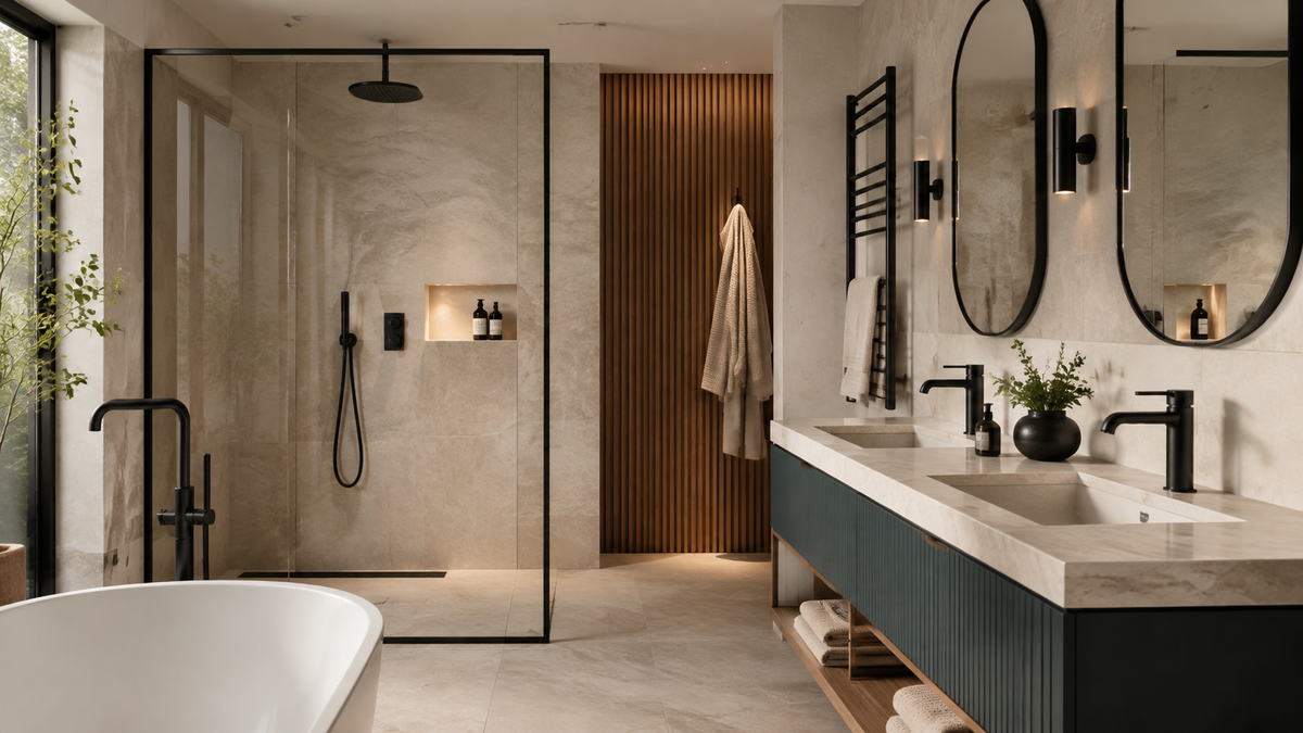 Contemporary bathroom with matt black fittings, deep teal vanity and pale stone surfaces