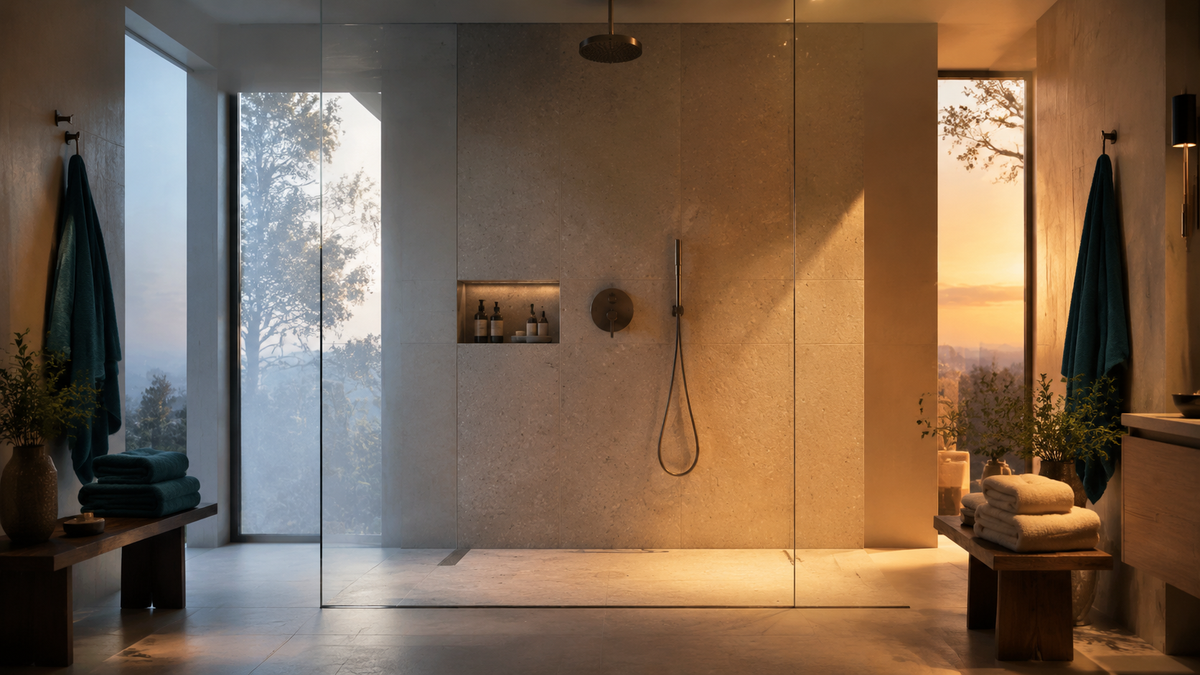 Modern shower room shown with fresh morning light and warm evening light