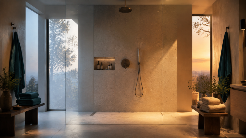 Modern shower room shown with fresh morning light and warm evening light