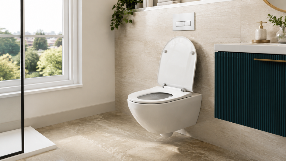 Clean wall-hung rimless toilet in a contemporary bathroom with a teal vanity
