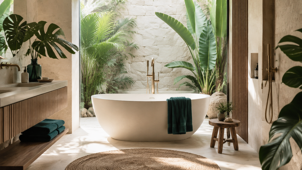 Luxury tropical bathroom with natural stone, warm timber and carefully placed green plants