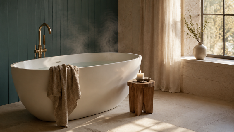 Serene freestanding bath against deep teal tiles with warm ambient lighting