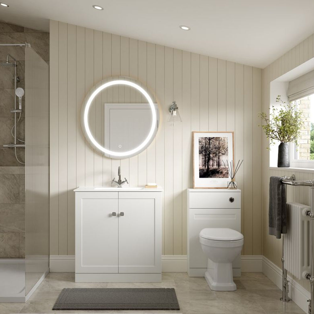 Floorstanding white vanity unit and basin in a finished bathroom