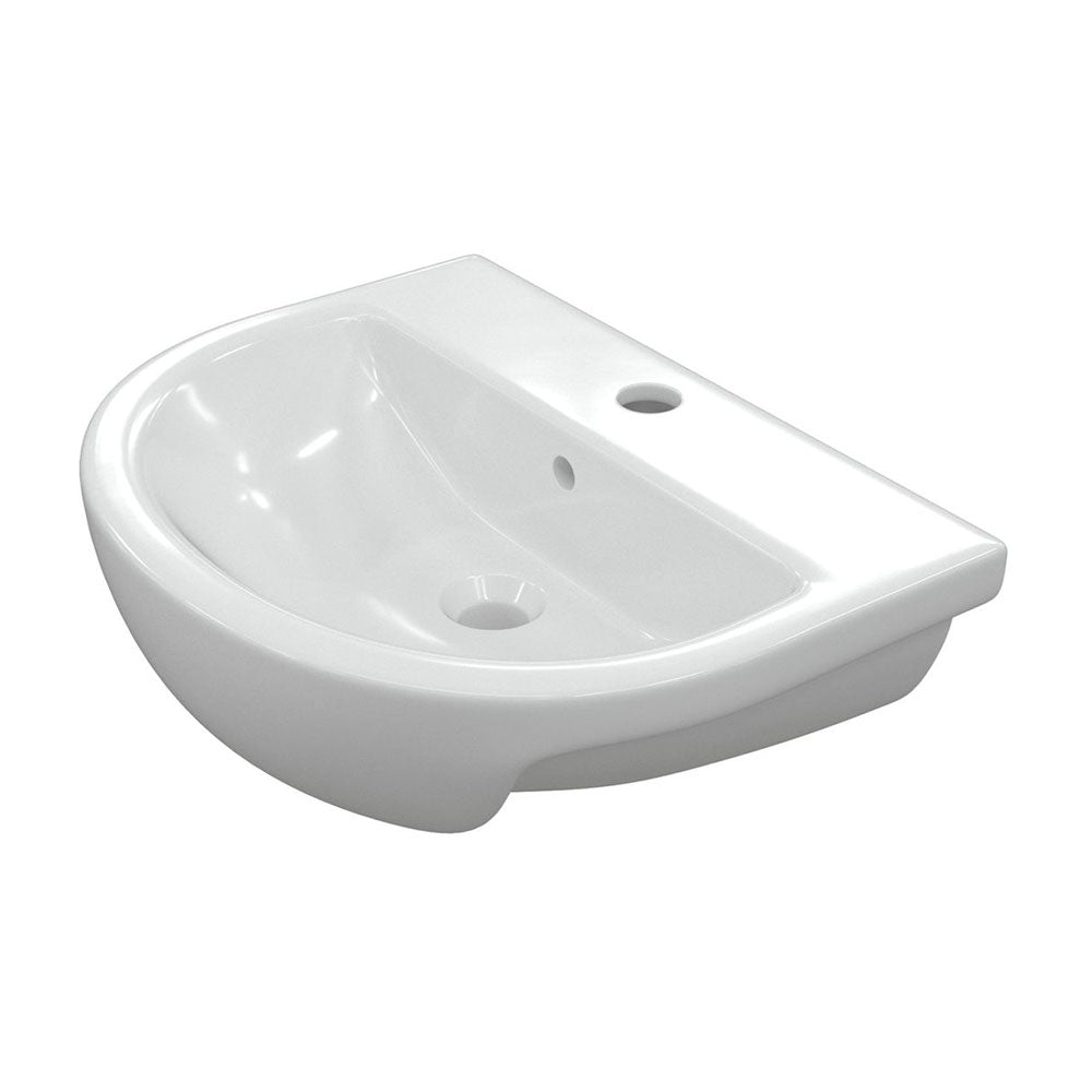 White semi-recessed washbasin with projecting front edge