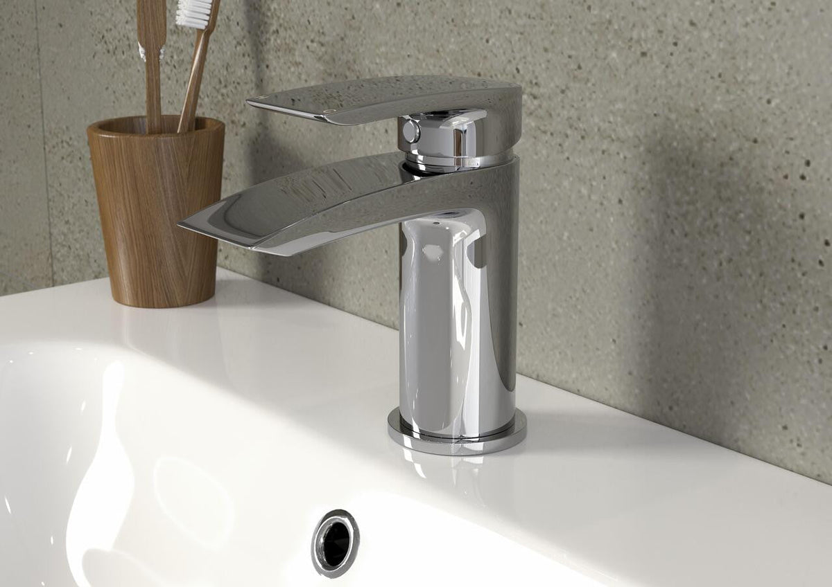 Chrome Auvellis Linaro basin mixer fitted beside a white basin