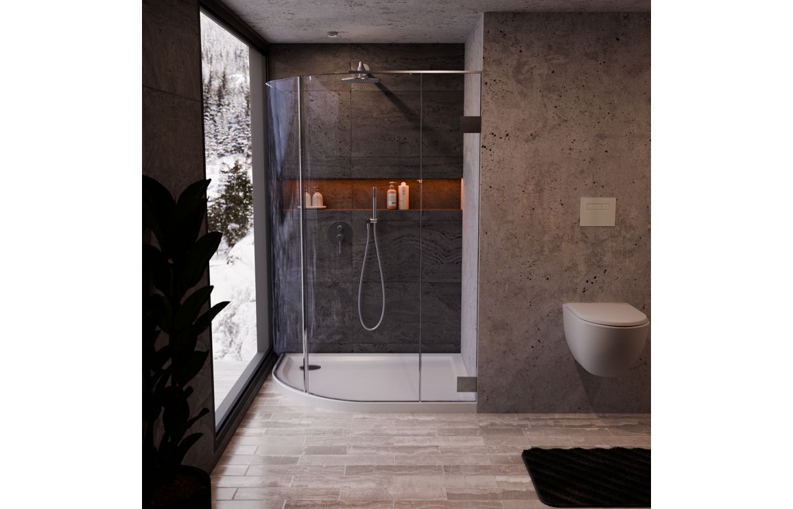 Auvellis RefleXion offset quadrant shower tray in a bathroom