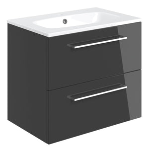 Auvellis Volta 610mm Wall Hung 2 Drawer Basin Unit & Thin Edge Basin – Anthracite Gloss | Tap Holes: 1 Tap Hole