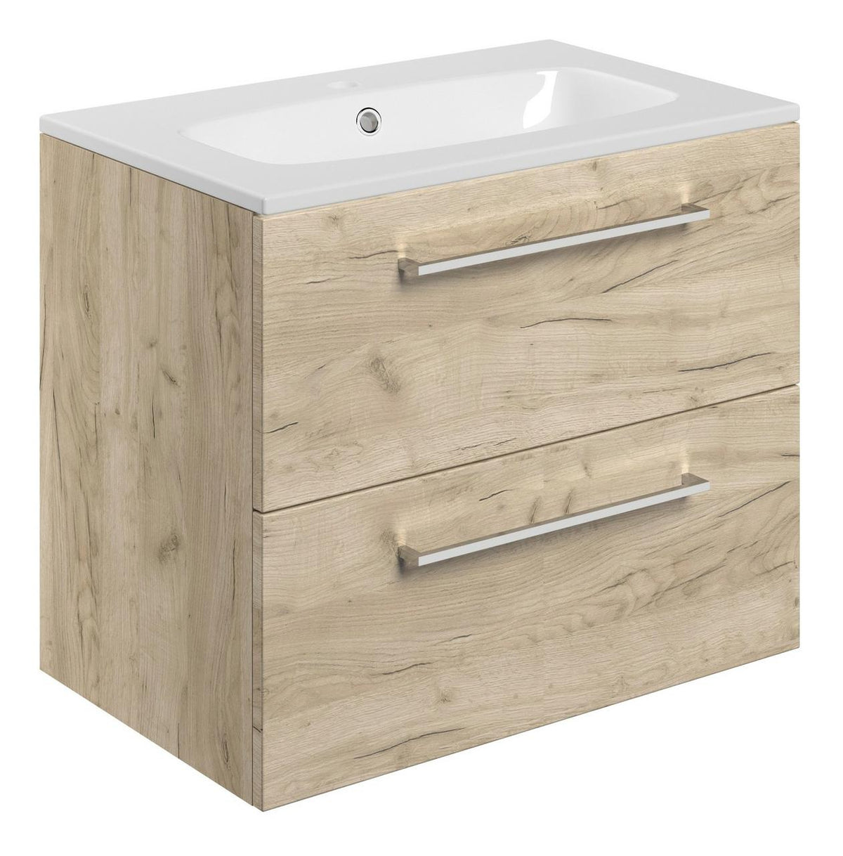 Auvellis Volta 610mm Wall Hung 2 Drawer Basin Unit & Thin Edge Basin – Oak | Tap Holes: 1 Tap Hole