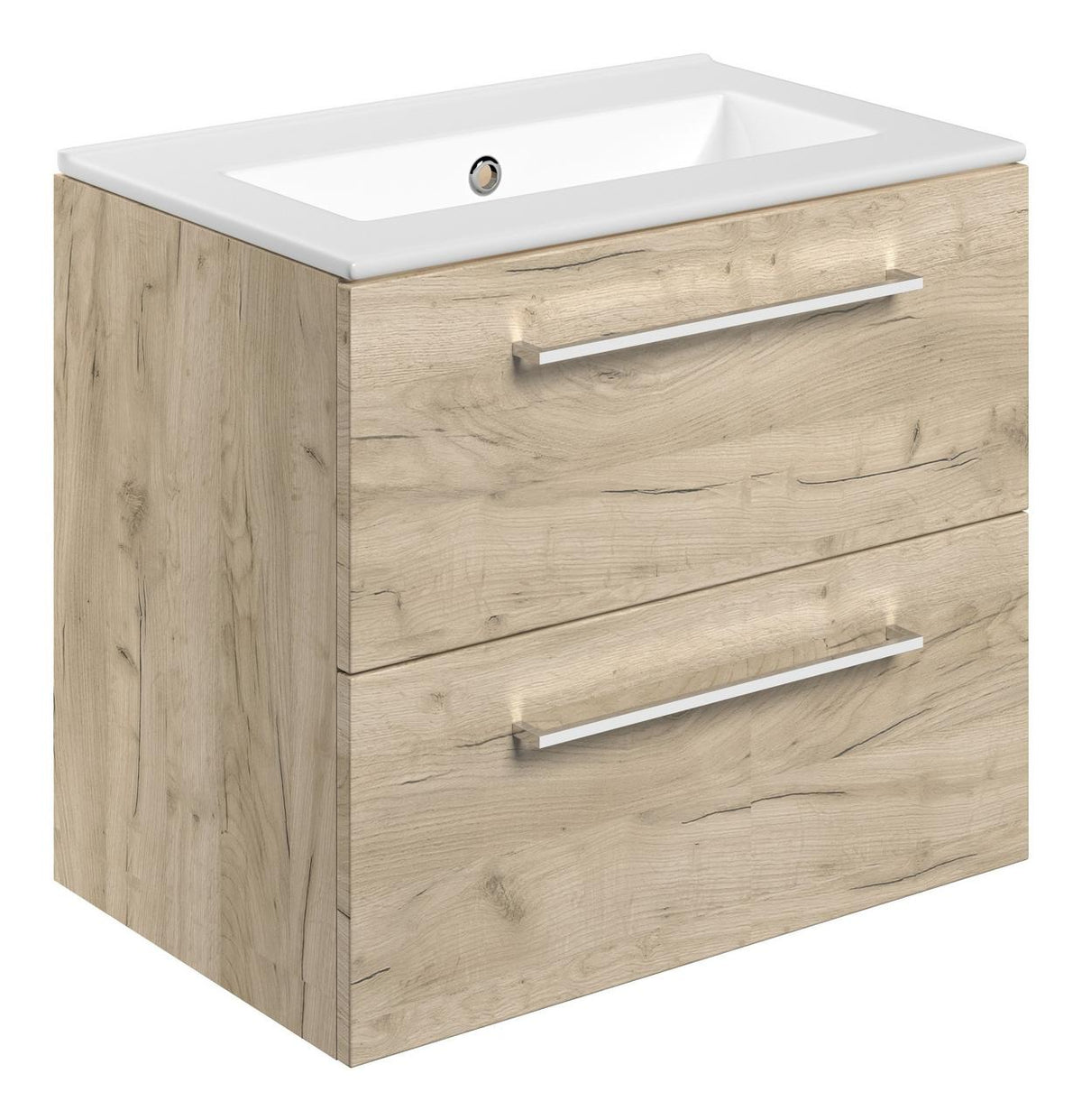 Auvellis Volta 610mm Wall Hung 2 Drawer Basin Unit & Thin Edge Basin – Oak | Tap Holes: 0 Tap Holes