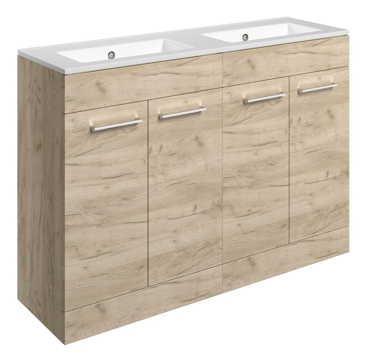 Auvellis Volta 1210mm Floor Standing 4 Door Basin Unit & Thin Edge Basin – Oak | Tap Holes: 0 Tap Holes
