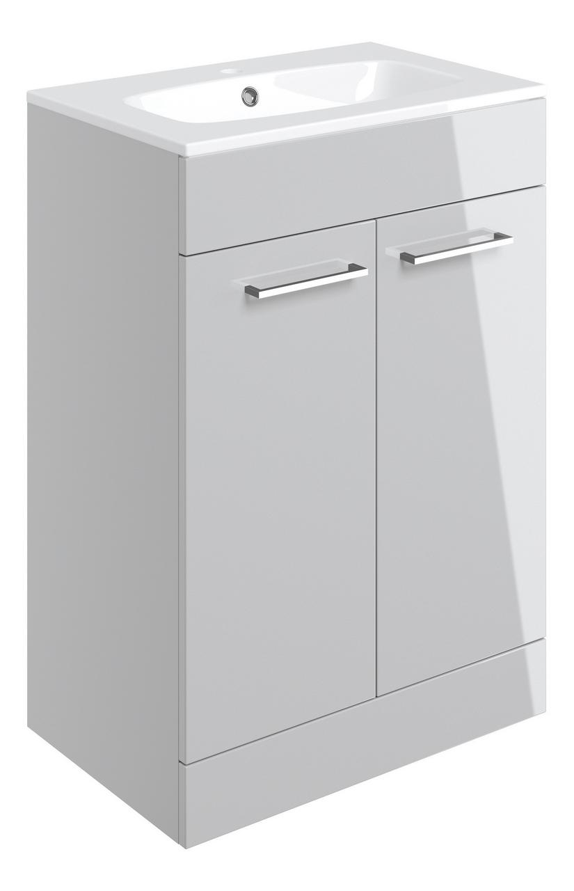 Auvellis Volta 610mm Floor Standing 2 Door Basin Unit & Thin Edge Basin – Grey Gloss | Tap Holes: 1 Tap Hole