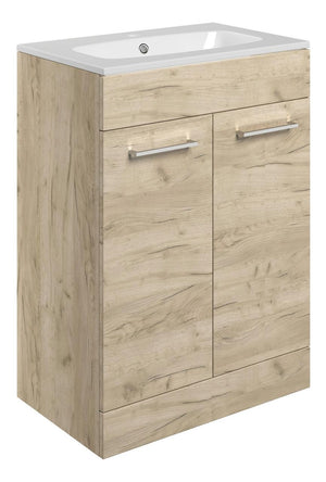 Auvellis Volta 610mm Floor Standing 2 Door Basin Unit & Thin Edge Basin – Oak | Tap Holes: 1 Tap Hole