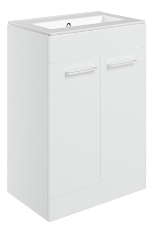 Auvellis Volta 610mm Floor Standing 2 Door Basin Unit & Thin Edge Basin – White Gloss | Tap Holes: 0 Tap Holes
