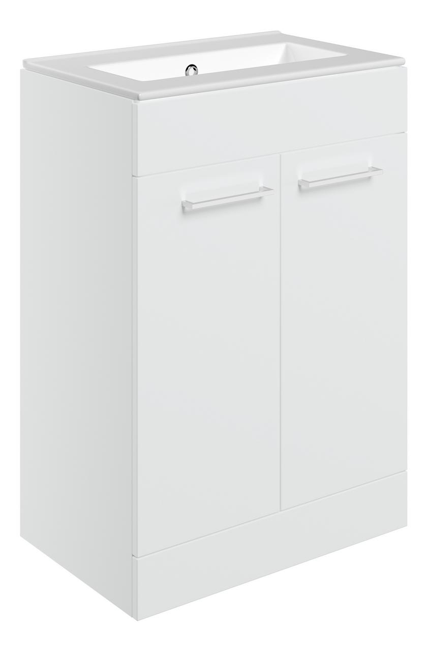 Auvellis Volta 610mm Floor Standing 2 Door Basin Unit & Thin Edge Basin – White Gloss | Tap Holes: 0 Tap Holes