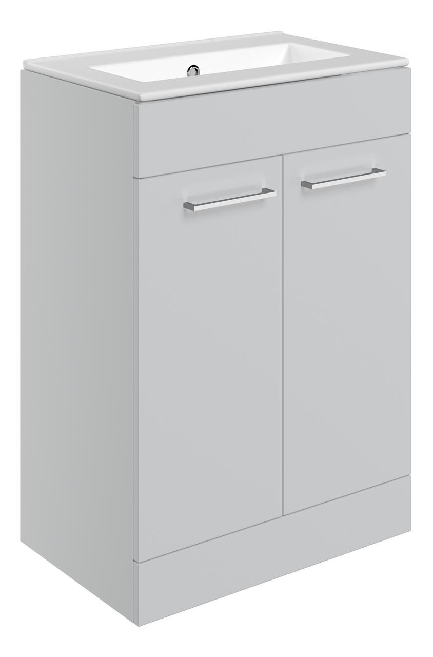 Auvellis Volta 610mm Floor Standing 2 Door Basin Unit & Thin Edge Basin – Grey Gloss | Tap Holes: 0 Tap Holes