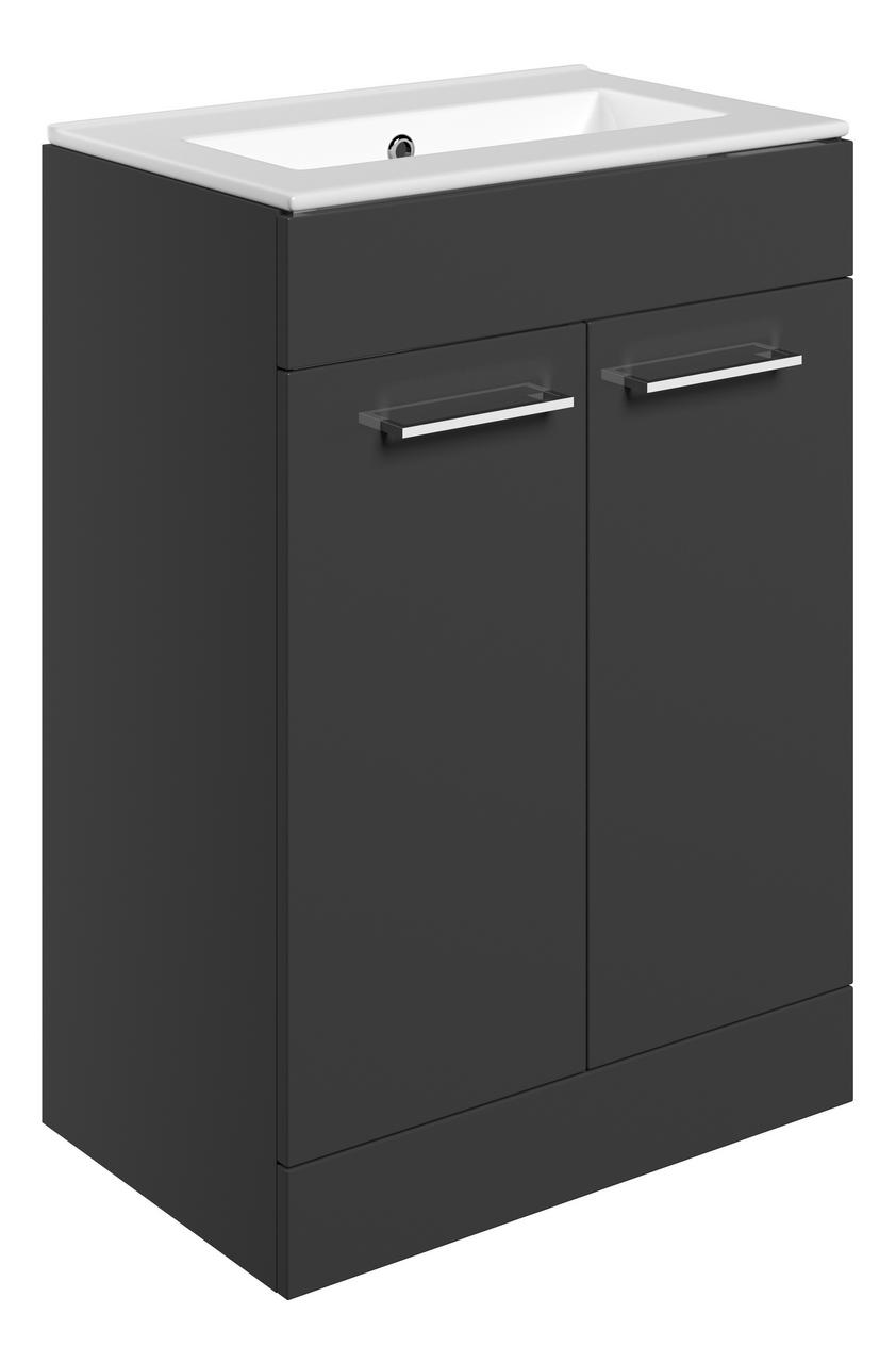 Auvellis Volta 610mm Floor Standing 2 Door Basin Unit & Thin Edge Basin – Anthracite Gloss | Tap Holes: 0 Tap Holes