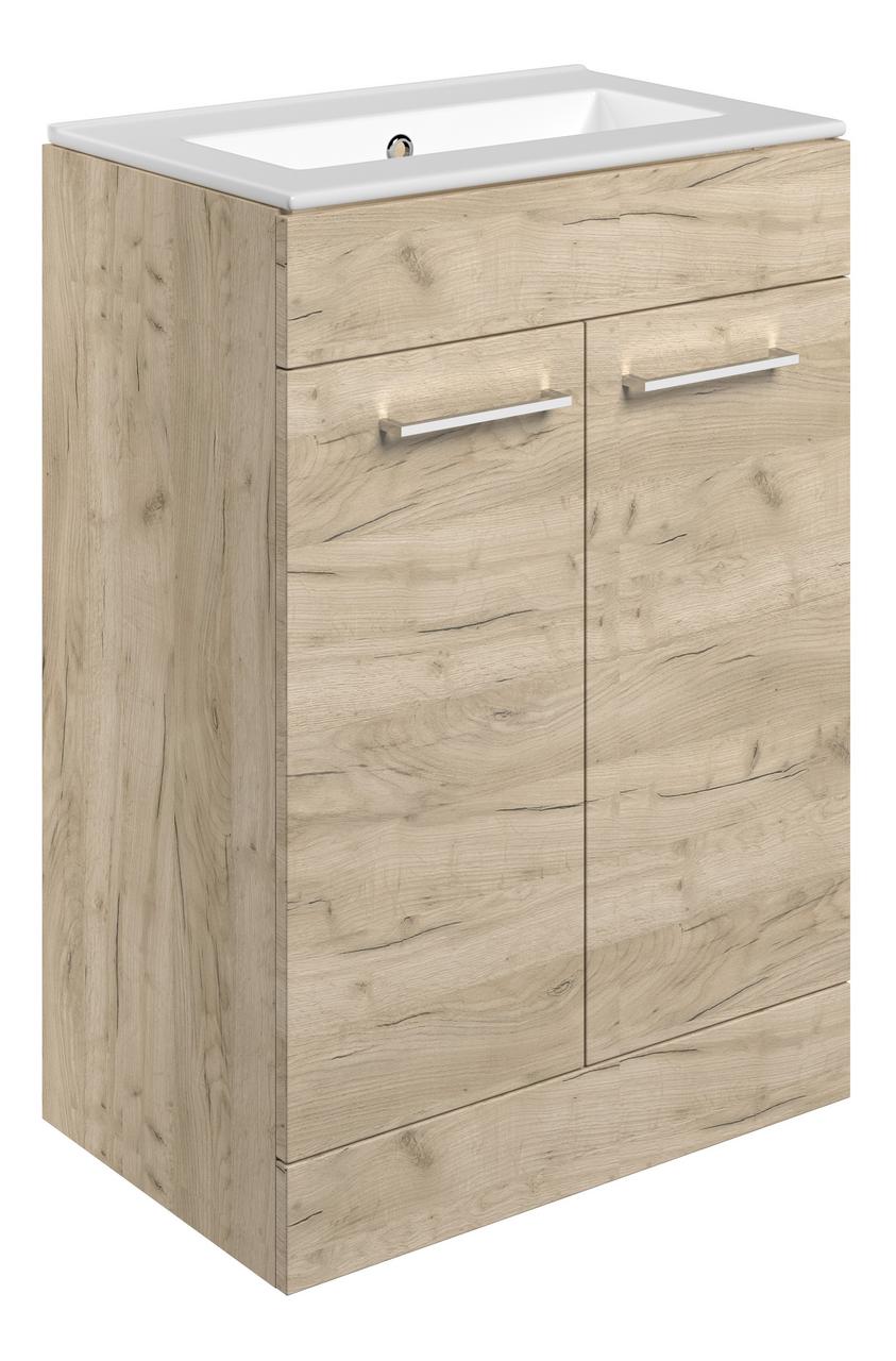 Auvellis Volta 610mm Floor Standing 2 Door Basin Unit & Thin Edge Basin – Oak | Tap Holes: 0 Tap Holes