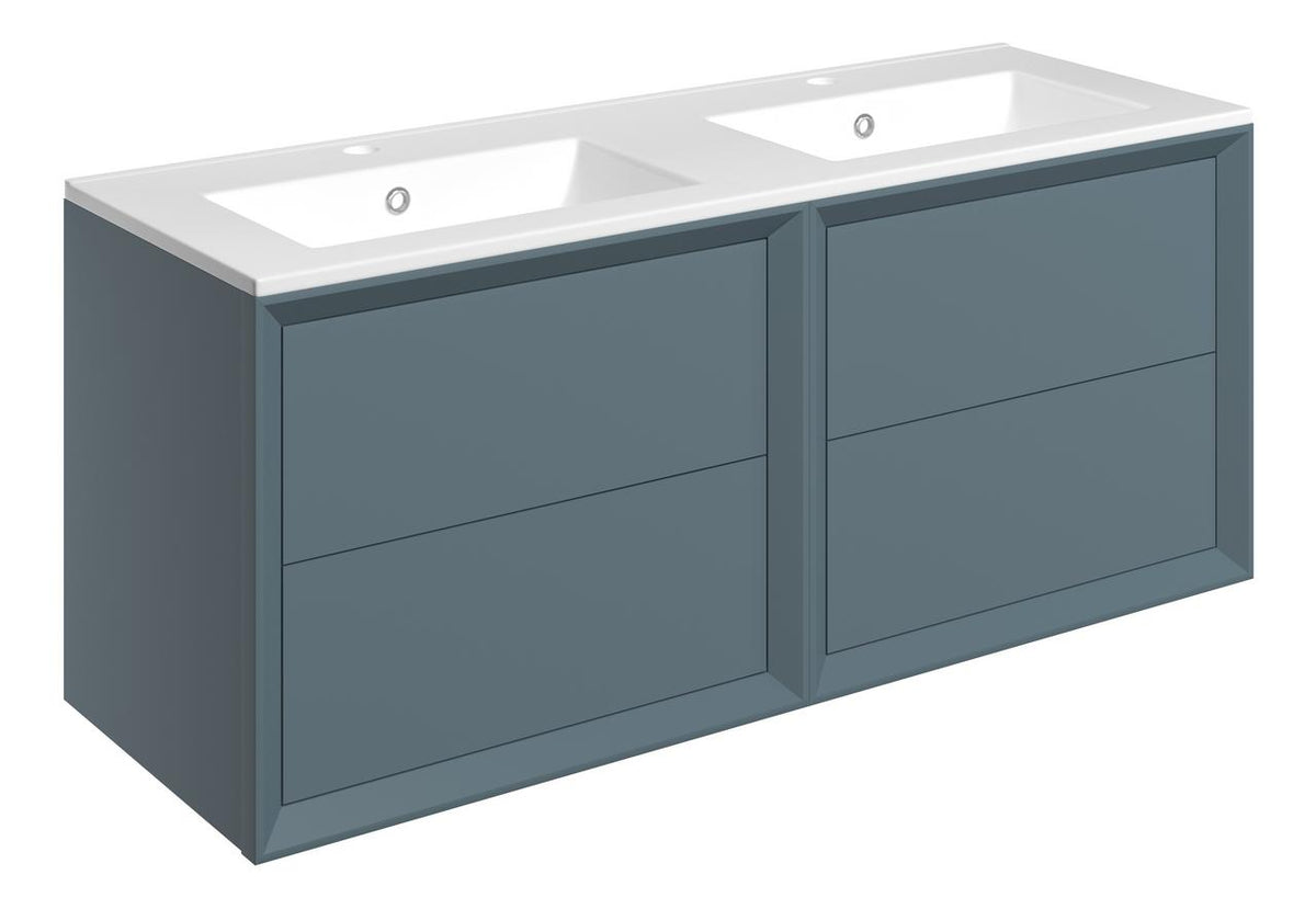 Auvellis Push 1210mm Wall Hung 4 Drawer Basin Unit & Thin Edge Basin – Matt Storm Blue | Tap Holes: 2 Tap Holes