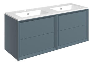 Auvellis Push 1210mm Wall Hung 4 Drawer Basin Unit & Thin Edge Basin – Matt Storm Blue | Tap Holes: 2 Tap Holes