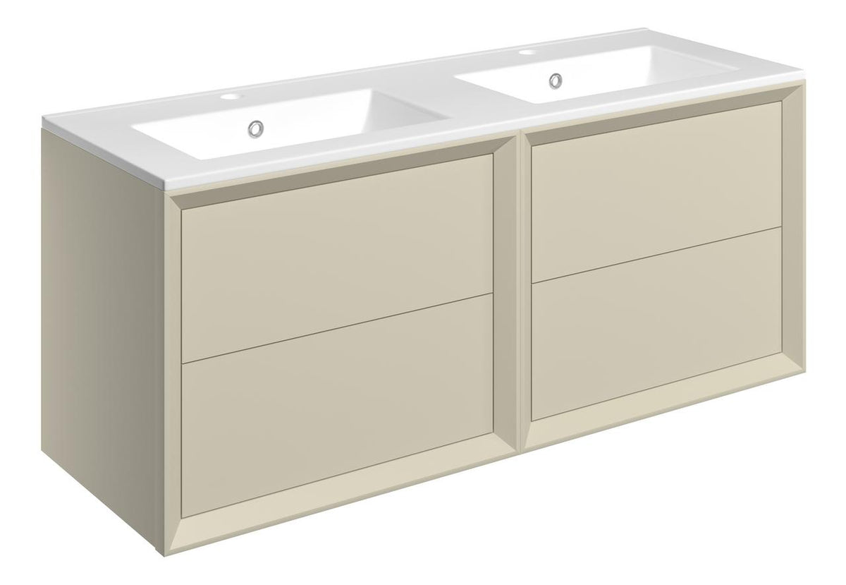 Auvellis Push 1210mm Wall Hung 4 Drawer Basin Unit & Thin Edge Basin – Matt Cotton | Tap Holes: 2 Tap Holes