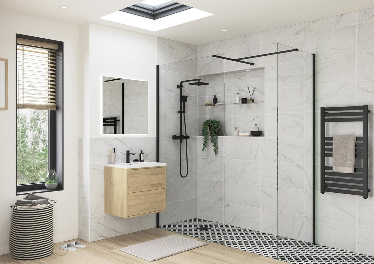 Auvellis 8mm Clear Glass Wetroom Side Panel & Arm — Matt Black / 1950x760x8mm