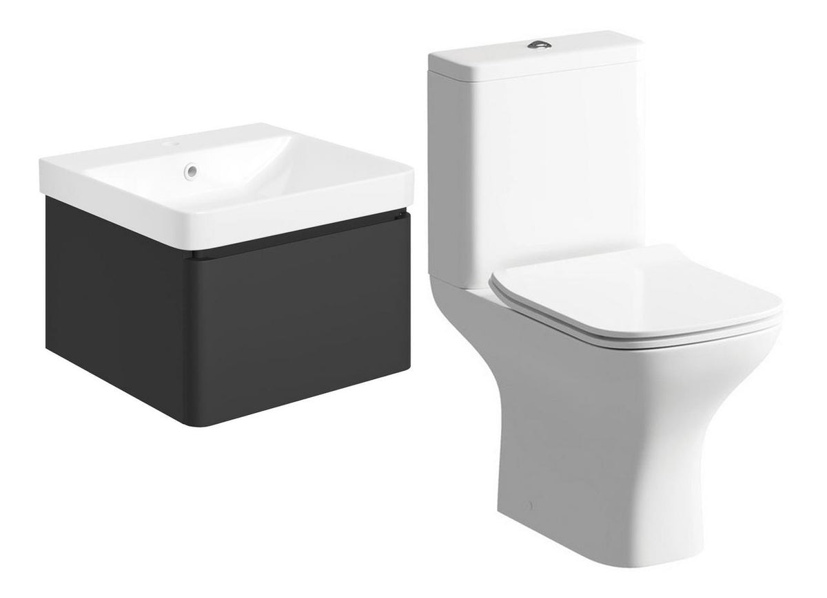 Auvellis Lunero Cosmos 500mm Basin Unit & Rimless Close Coupled WC Pack – Matt Black