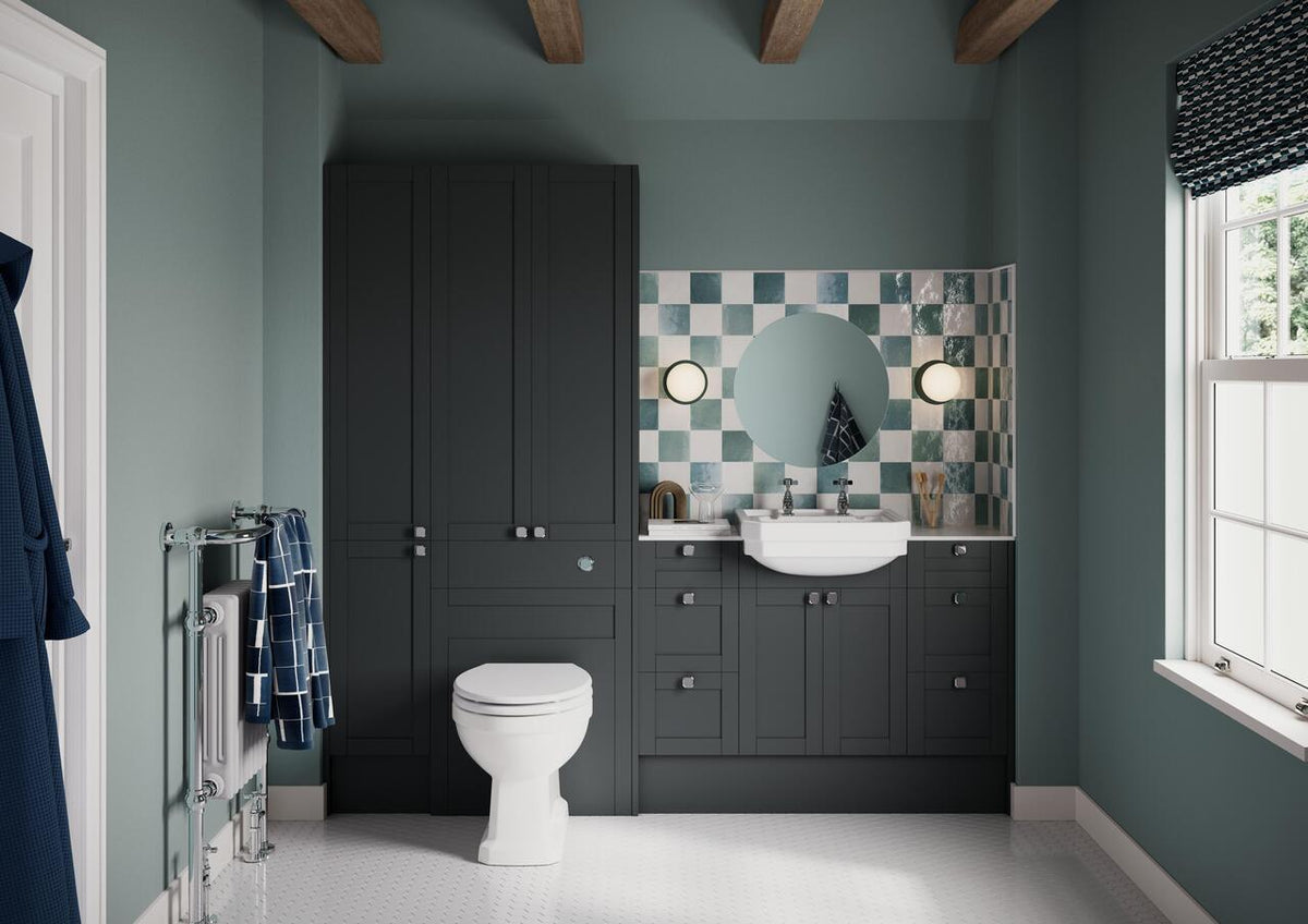 Auvellis Forma 600mm Slim Basin Unit – Matt Graphite Grey Styled Roomset; Basin, Worktop, Handles, Adjacent Furniture and Accessories Not Included