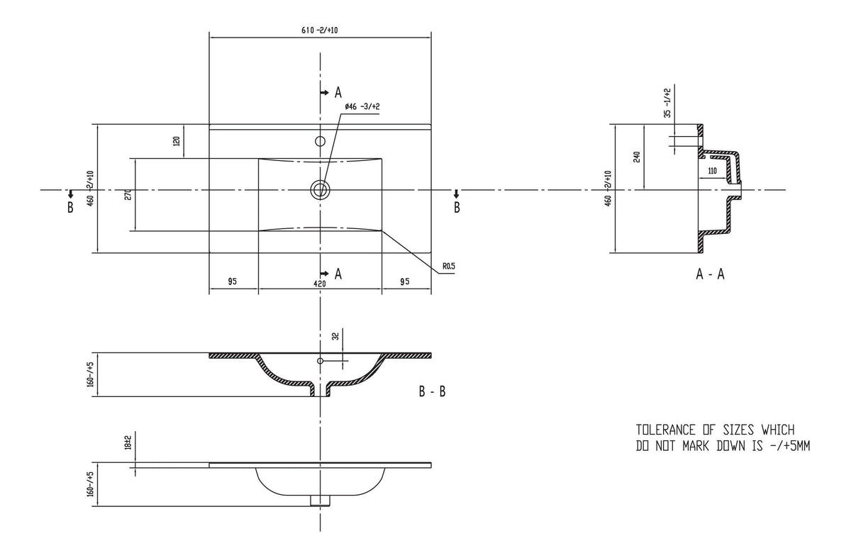 Auvellis Arven 610mm thin-edge basin – technical drawing