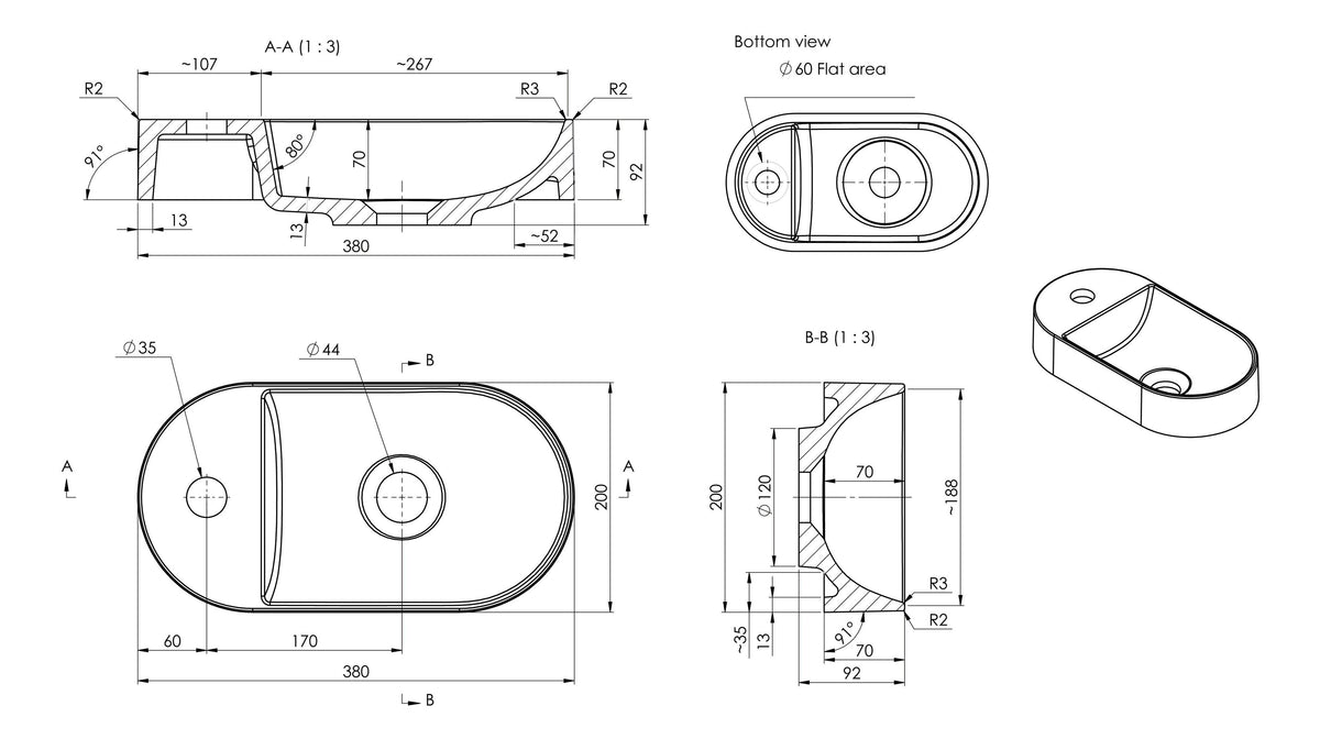 Auvellis Bella countertop washbasin technical dimensions