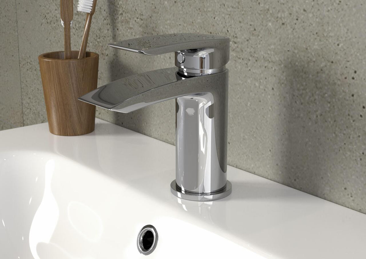 Auvellis Linaro curved basin mixer – bathroom setting