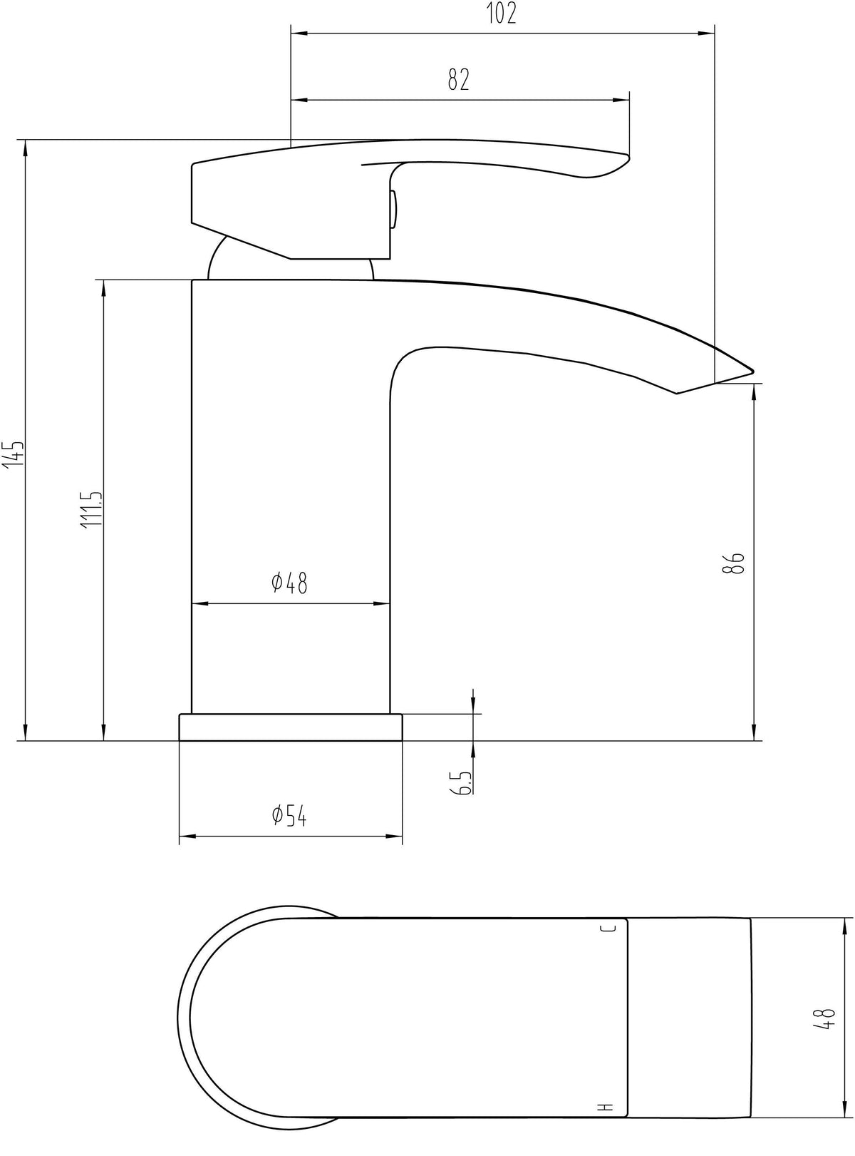 Auvellis Linaro curved basin mixer – technical dimensions