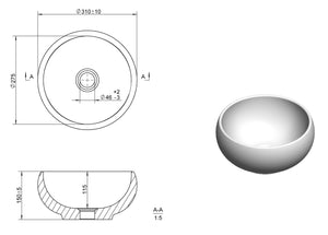 Auvellis Penny countertop washbasin technical dimensions