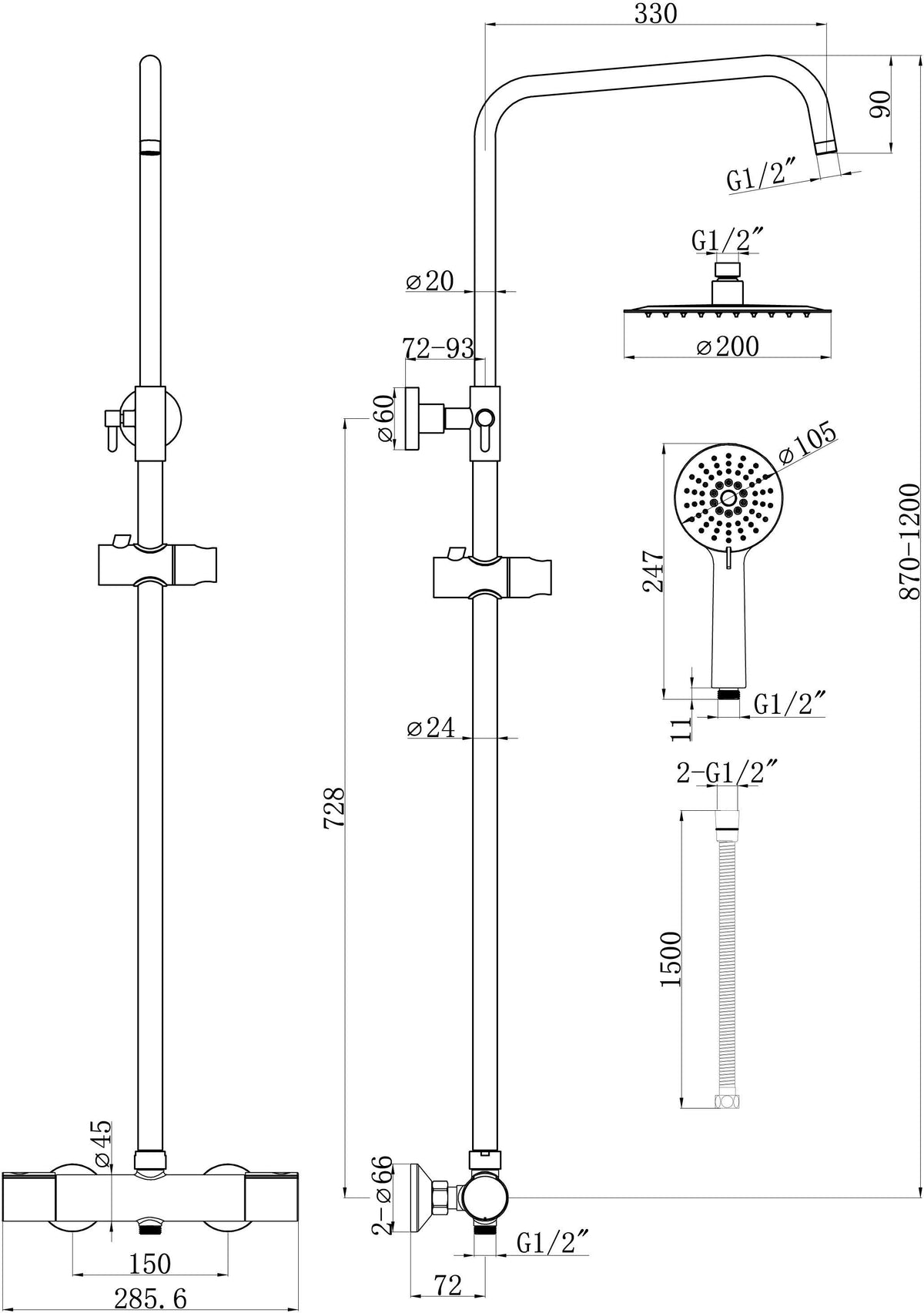 Technical dimensions for Auvellis Lunero chrome cool-touch thermostatic shower kit with riser, overhead head and handset