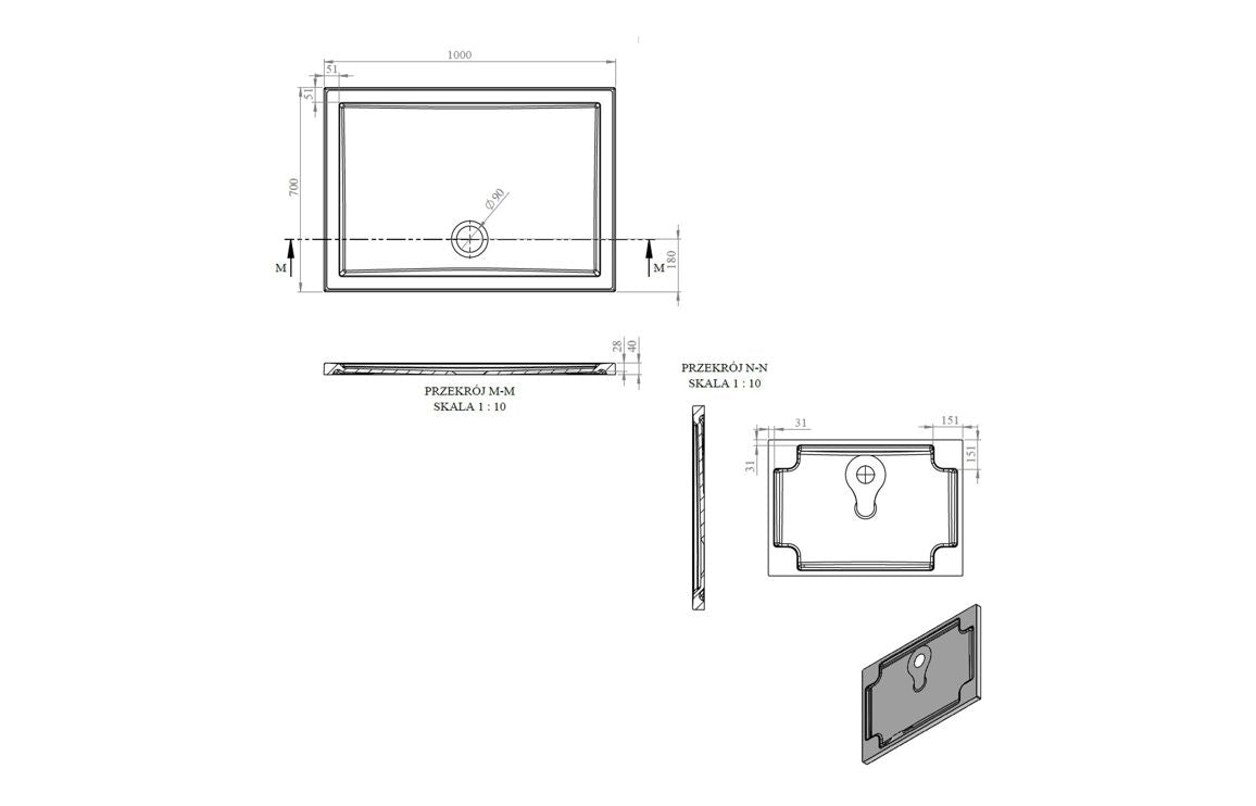 Auvellis RefleXion rectangular shower tray technical drawing DIETP1066