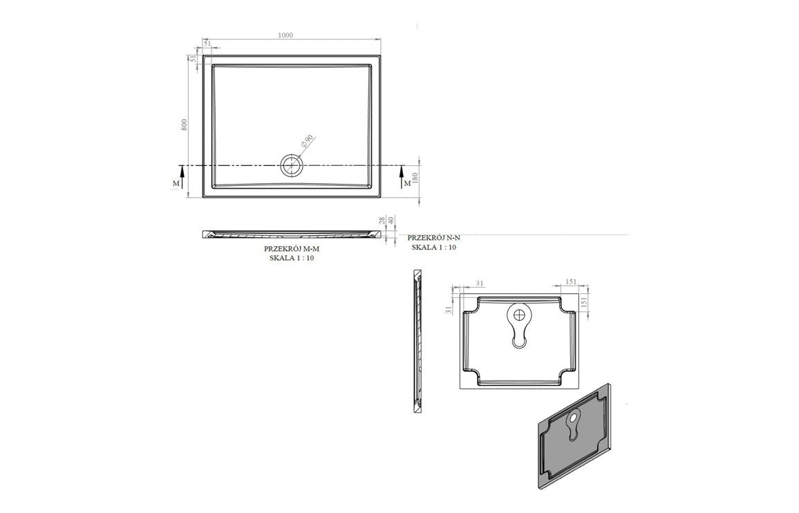 Auvellis RefleXion rectangular shower tray technical drawing DIETP1070