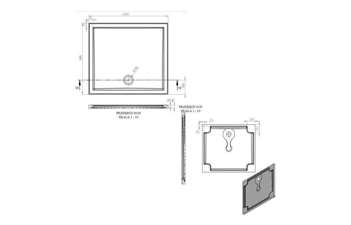 Auvellis RefleXion rectangular shower tray technical drawing DIETP1072