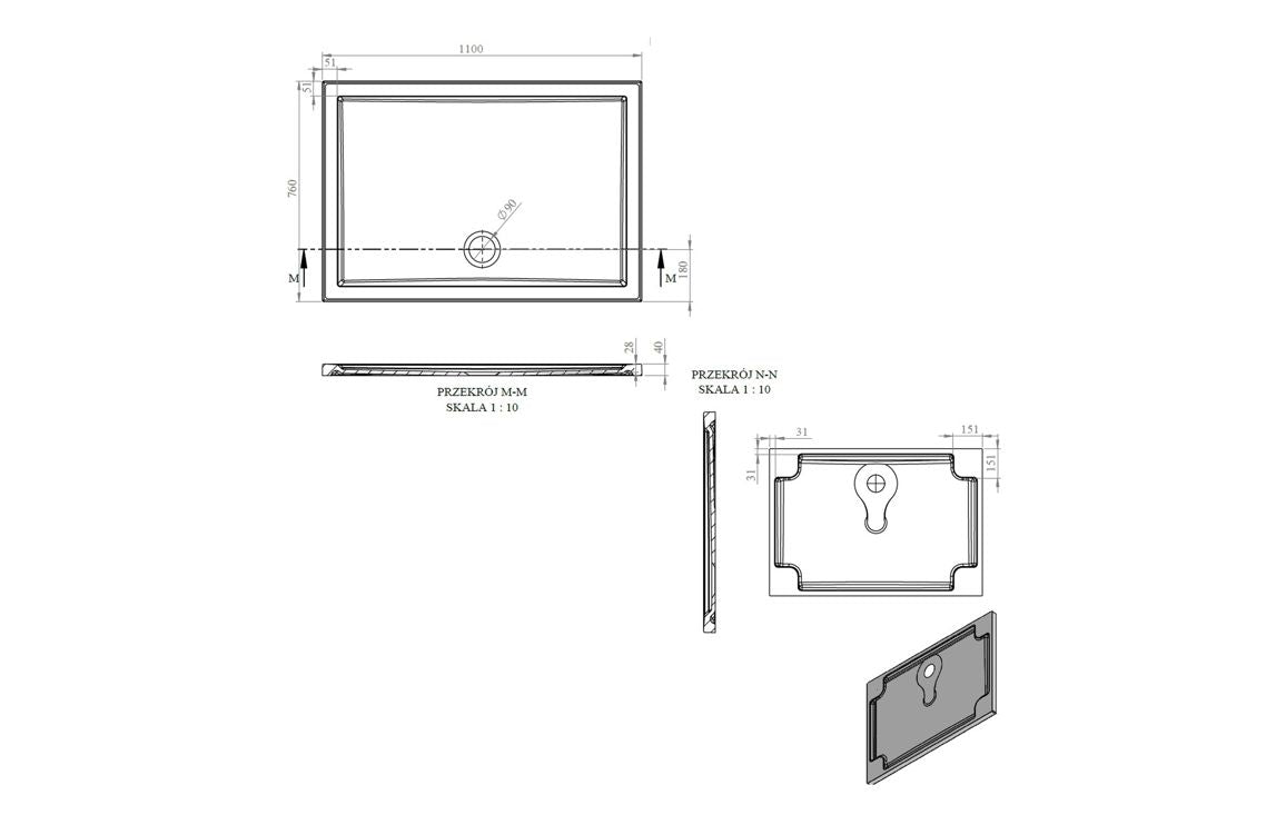Auvellis RefleXion rectangular shower tray technical drawing DIETP1120