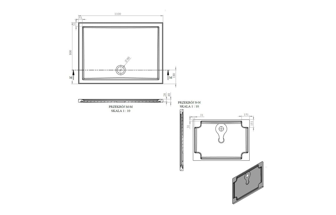 Auvellis RefleXion rectangular shower tray technical drawing DIETP1122