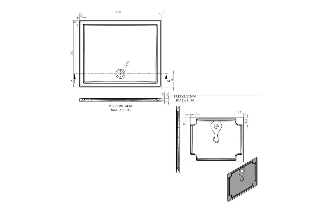 Auvellis RefleXion rectangular shower tray technical drawing DIETP1124